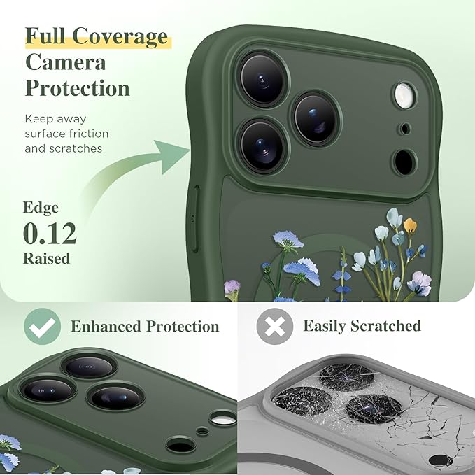 GVIEWIN for iPhone 17 Pro Max Case Compatible with MagSafe [Curly Wave Edge][Full Camera Protection] Floral Translucent Shockproof Magnetic Women Phone Case for 17 Pro Max, Sweet Posy/Forest Green