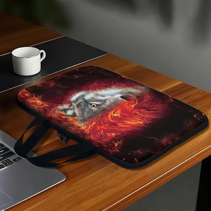 Flaming Wolf Laptop Case 17 Inch Sleeve, Protective Computer Covers with Accessory Pocket, Wildlife Animal Compatible Sleeve Bag for Most 10-17 Inch Notebooks, Black & Red