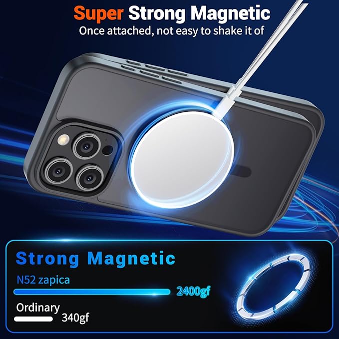 SUPFINE Magnetic for iPhone 15 Pro Max Case (Compatible with MagSafe) (Military Grade Drop Protection) Translucent Matte Shockproof Phone Cover, Black