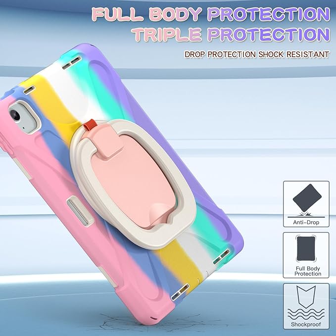 TSQQST Case for iPad Air 11 Inch M4 2026/M3 2025/M2 2024, Cover for iPad Air 5th 4th Generation 10.9"/Pro 11 4th/3rd/2nd/1st Heavy Duty Shockproof Case w/Screen Protector+Handle Grip+Strap, Rainbow