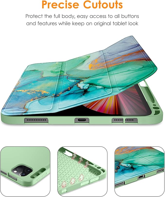 DTTO for iPad Pro 11 inch 4th/3rd/2nd/1st Generation 2022/2021/2020/2018 Case, Smart Slim Trifold Stand Soft TPU Back Cover with Built-in Pencil Holder, Also Fit iPad Air 5/4,Marble Green