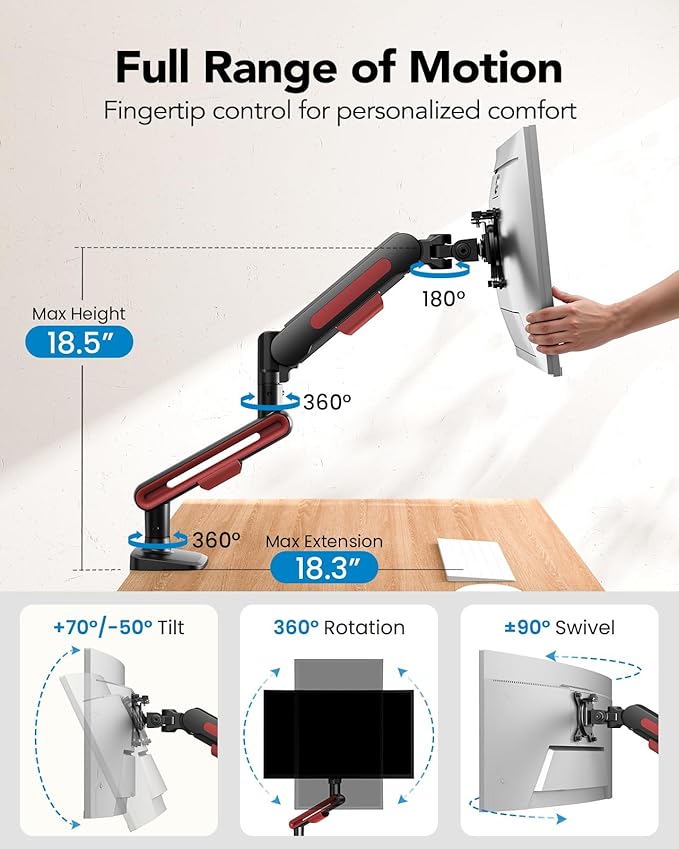 HUANUO Ultrawide Monitor Arm for 13 – 40" Screens, Single Monitor Mount Holds up to 26.4lbs, Adjustable Monitor Stand with C-Clamp & Grommet Base, VESA Mount 75x75mm/100x100mm