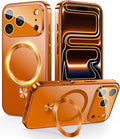 TOBOVON Magnetic for iPhone 17 Pro Case with Ring Stand, Fits MagSafe, with Built-in Camera Cover, Slim Electroplated Shockproof Phone Case, Orange