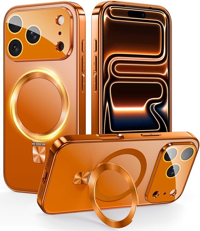 TOBOVON Magnetic for iPhone 17 Pro Case with Ring Stand, Fits MagSafe, with Built-in Camera Cover, Slim Electroplated Shockproof Phone Case, Orange