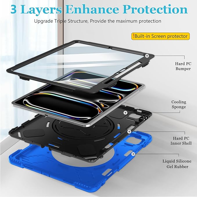 Case for iPad Pro 13 Inch M5 2025/ M4 2024: Military Grade Cover for iPad Pro 13" with Screen Protector - Stand - Handle - Shoulder Strap - Pencil Holder- Blue