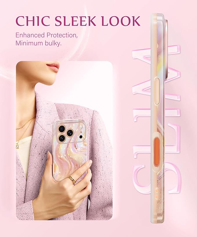 GVIEWIN for iPhone 17 Pro Case Compatible with MagSafe, [Full Camera Protection][Military-Grade Protection] Shockproof Protective Slim Magnetic Marble Phone Case for 17 Pro 6.3", Glistening/Pink