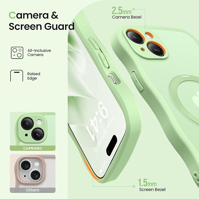 CAPRARO for iPhone 15 Plus Case with 360° Spin Magnetic Stand for Women, [Compatible with MagSafe] [Full Camera Protection] Cute Wave Translucent Matte Case for iPhone 15 Plus, Light Green