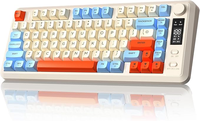 FREEWOLF M75 Wireless Mechanical Feel Gaming Keyboard Bluetooth/2.4Ghz Membrane with Knob & OLED Display Rainbow Backlit Gradient PBT Keycaps 2000mAH Battery Anti-Ghosting-Blueberry