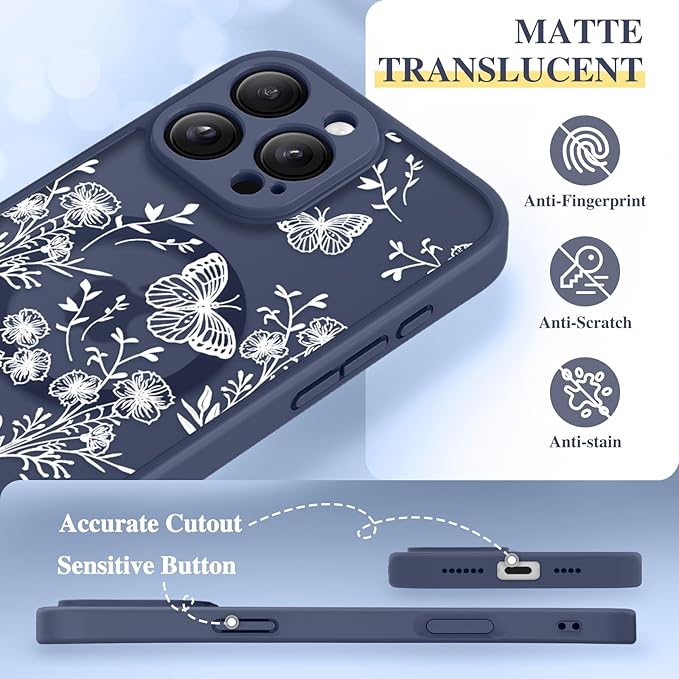 GVIEWIN for iPhone 16 Pro Case Compatible with MagSafe, [Military Grade Protection] [Screen Protector] Full Camera Protection Floral Translucent Women Magnetic Phone Case, Tuberose/Blue