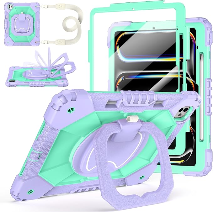 Case for iPad Pro 13 Inch M5 2025/ M4 2024, Ubearkk for iPad Pro 13 Inch case with Screen Protector, 360 Degree Rotating Stand Shoulder Strap Pencil Holder,Military Grade Shockproof, Purple Mint