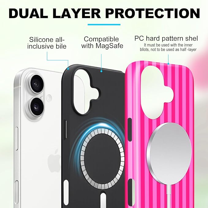 Magnetic for iPhone 17 Case Cute Stripes Phone Case, Shockproof Slim TPU and Hard PC Protective Phone Cover Compatible with MagSafe Designed for Women Girls, Deep Pink