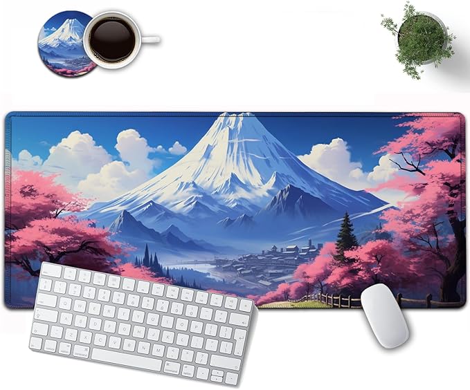 Large Mouse Pad, 31.5 x 11.8in Extended Gaming Mouse Pad with Stitched Edges, XXL Mousepad Protector Non Slip Rubber Base for Office and Home Writing Mat, Mt Fuji and Cherry Blossom Pattern Desk Mat
