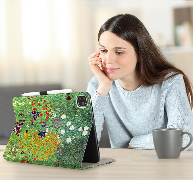 Vimorco for iPad Pro 11-inch Case M5/M4 2025/2024 Flower, for iPad Pro Case 11 Inch M5/M4 Pencil Holder/Hand Strap/Pocket/Screen Protection Band,Adjustable Angle,Auto Sleep/Wake, Floral Flowers Garden