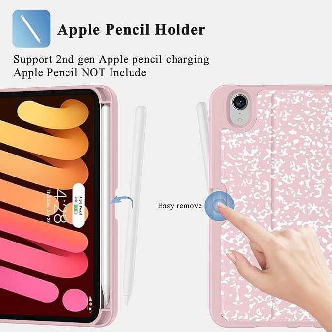 Supveco Case for iPad mini 7 (A17 Pro) 2024/iPad Mini 6 2021 8.3 Inch with Pencil Holder-[Auto Wake/Sleep],Slim Protective Case with Soft TPU Back Cover for iPad mini 7th/6th Generation-Pink