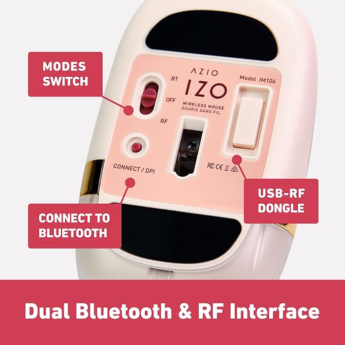 Azio IZO Wireless Optical Mouse - Bluetooth 3.0 & 5.0/2.4G RF-USB, Ambidextrous Design, PixArt PAW3212 Sensor, 1000/1600/2400 DPI, Rechargeable, PC & Mac
