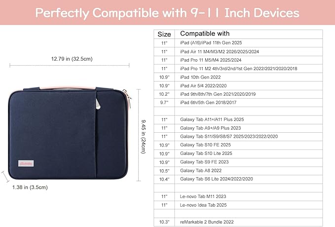 Dadanism 9-11" Tablet Sleeve Padded Carrying Case with Handle for iPad A16 11", iPad 10th Gen/Air5/4 10.9", iPad Air M4/Pro M5 11", iPad 9/8/7th Gen 10.2", Galaxy Tab A11+ 11", Remarkable 2, Indigo