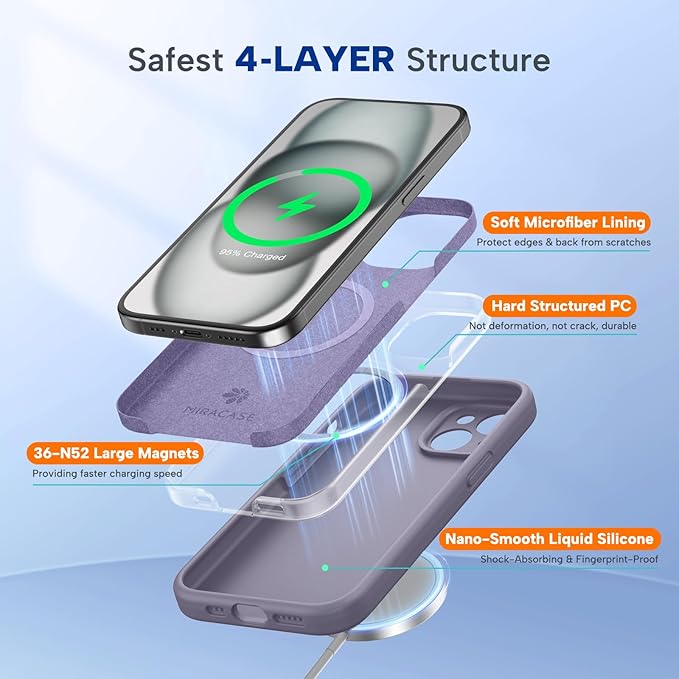 Miracase Magnetic for iPhone 15 Case, [Soft Anti-Scratch Microfiber Lining], Compatible with MagSafe, Liquid Silicone Case Shockproof Drop Protection Phone Case for 15,Lavender Gray