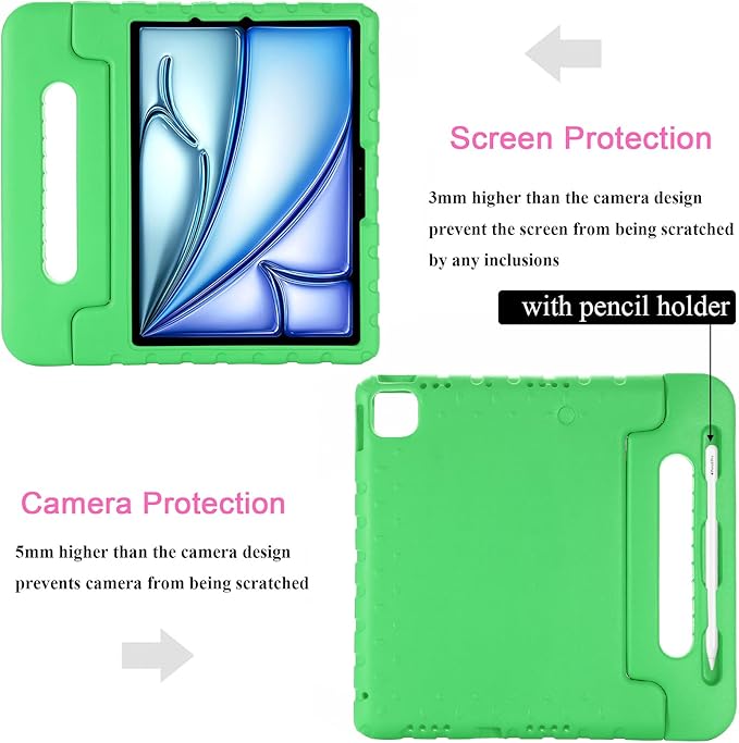 Kids Case for iPad Pro 11 inch M5/M4 (2025/2024) with Pencil Holder/Convertible Handle Stand Shockproof Slim Lightweight Cute Soft EVA Heavy Duty Rugged Kickstand Cover for Children, Green