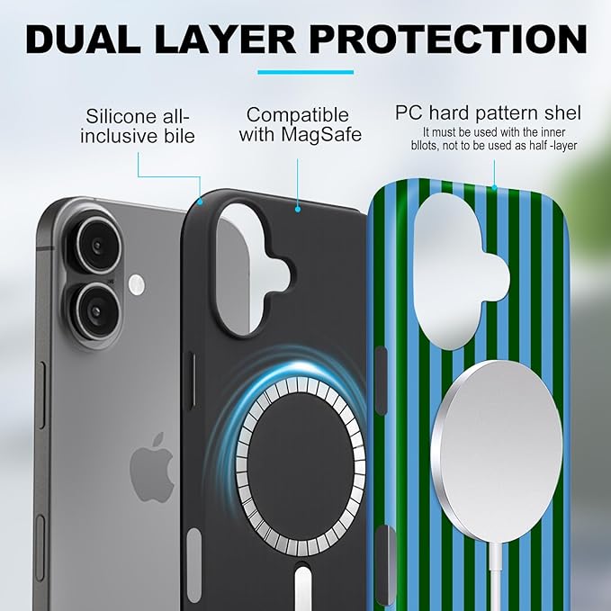 Magnetic for iPhone 17 Case Cute Stripes Phone Case, Shockproof Slim TPU and Hard PC Protective Phone Cover Compatible with MagSafe Designed for Women Girls, Green and Blue