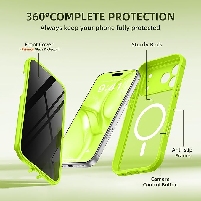 BERFY for iPhone 17 Pro Case, Compatible with MagSafe, Built-in Privacy Screen Protector, Camera Protection, Shockproof Full Body Phone Case 6.3", Translucent Bright Green