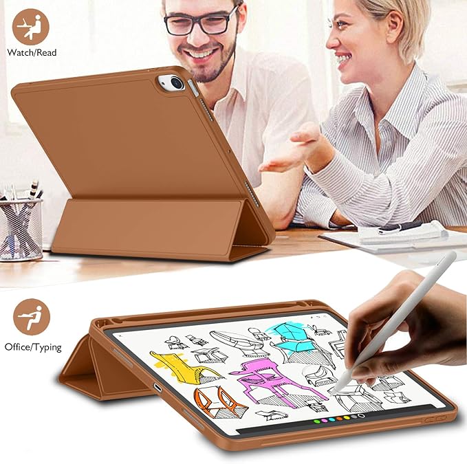iMieet iPad Air 11 Inch Case M4/M3/M2(2026/2025/2024), iPad Air 5th/4th Generation Case 2022/2020 10.9 Inch with Pencil Holder,Trifold Stand Smart Case with Soft TPU Back(Brown)