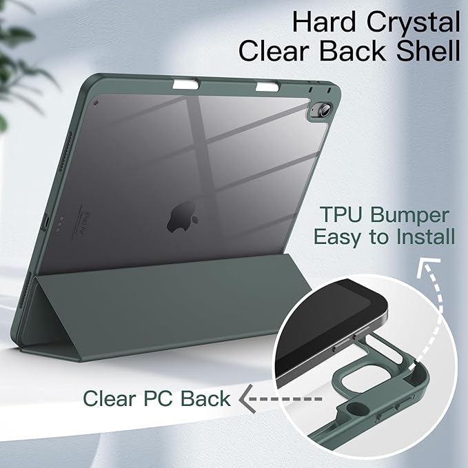 JETech Case for iPad Air 13-Inch M4/M3/M2 (2026/2025/2024) with Pencil Holder, Clear Transparent Back Shell Slim Stand Shockproof Tablet Cover, Auto Wake/Sleep (Midnight Green)
