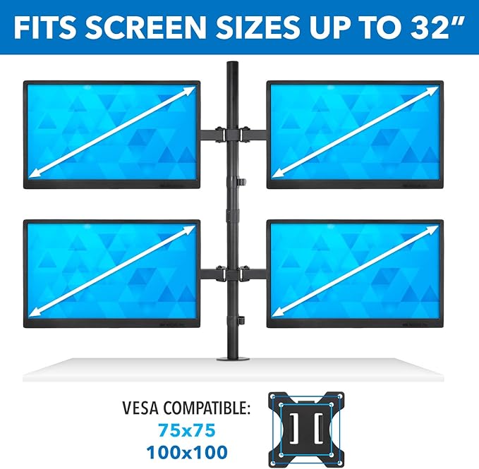Mount-It! 4 Monitor Stand for Desk | Quad Monitor Desk Mount with Height Adjustable Pole | Fits Four 13–32 Inch Screens, VESA 75x75 & 100x100, Tilt Swivel Rotate, Clamp or Grommet Base