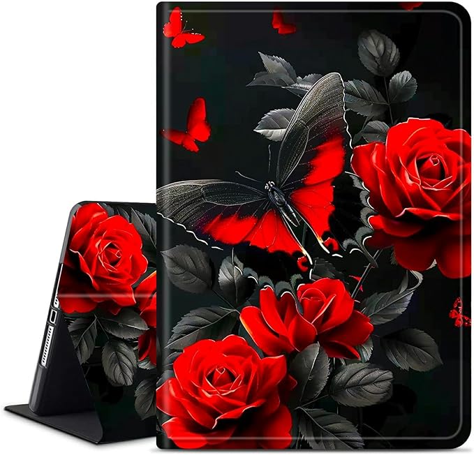 for Amazon Kindle Fire 7 (12th Generation, 2022 Release) 7" Tablet Case, Slim Kickstand Stand Leather Smart Cover with Auto Wake/Sleep, Red Rose Butterfly