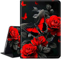 for Amazon Kindle Fire HD 10 (9th/7th/5th Generation, 2019/2017/2015 Release) 10.1" Tablet Case, Slim Kickstand Stand Leather Smart Cover with Auto Wake/Sleep, Red Rose Butterfly