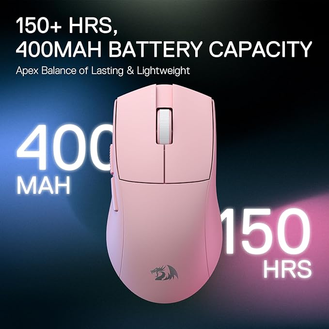 Redragon M916 PRO 3-Mode Wireless Gaming Mouse, 55G Ultra-Light 26K DPI Mouse w/Ergonomic Natural Grip Build, Full Programmable Buttons, Software Supports DIY Keybinds & DPI (1K Hz, Pink)