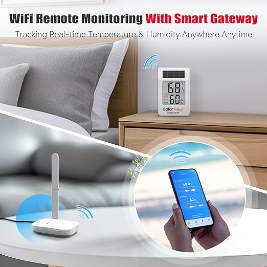 BaldrTherm WiFi Thermometer, Wireless Smart Thermometer, Remote Temperature Monitor with Gateway&Solar Sensor,200ft Coverage, App Alerts,12-Month Battery, Comfort Indicator, Data Sync Recover,6Pack