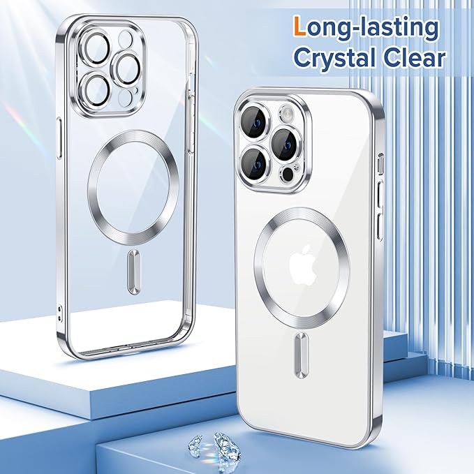 Hython Magnetic Clear for iPhone 13 Pro Case with Camera Lens Protector [Compatible with MagSafe] Luxury Plating Edge Slim Soft TPU Cover Protective Phone Case for iPhone 13 Pro 6.1", Silver