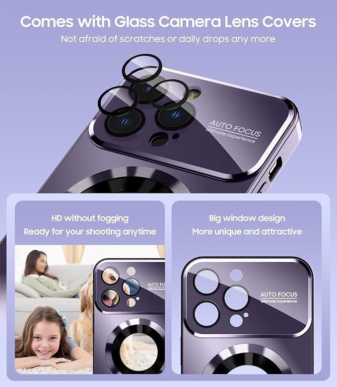 MAKAVO Magnetic for iPhone 16 Pro Case, Compatible with MagSafe, Built-in Camera Lens Protector, Logo View, Military Grade Drop Proof Phone Cover, Purple