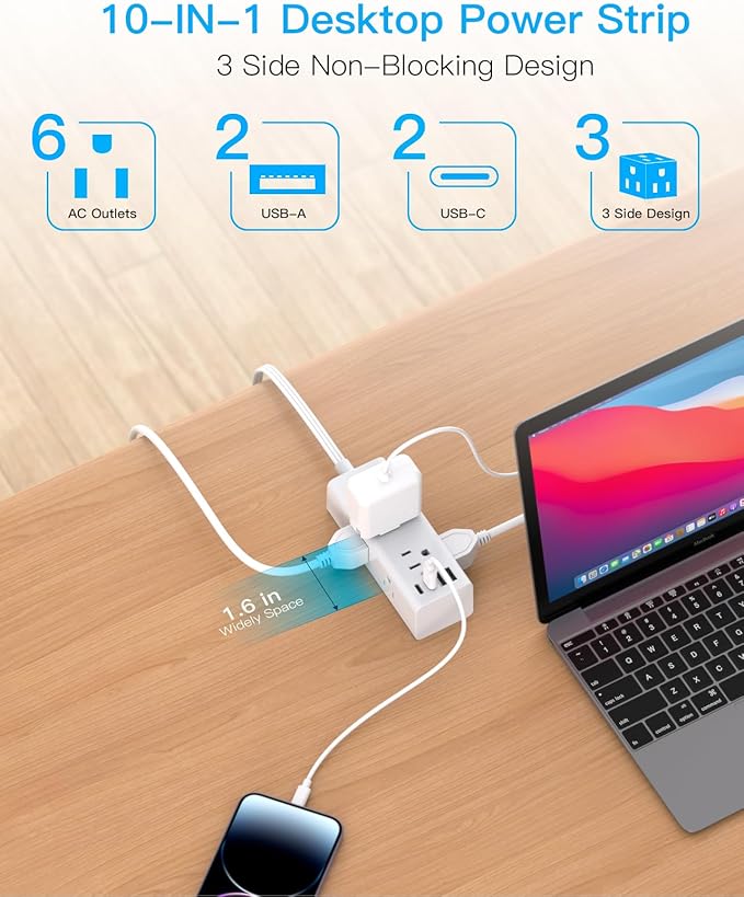 3Ft Extension Cord with Multiple Outlets, Flat Plug Power Strip Surge Protector with 3 Ft Cord, 6 Outlet 4 USB Ports (2 USB C), Multi Outlet Wall Plug for Travel, College, Dorm Room Essentials(White)