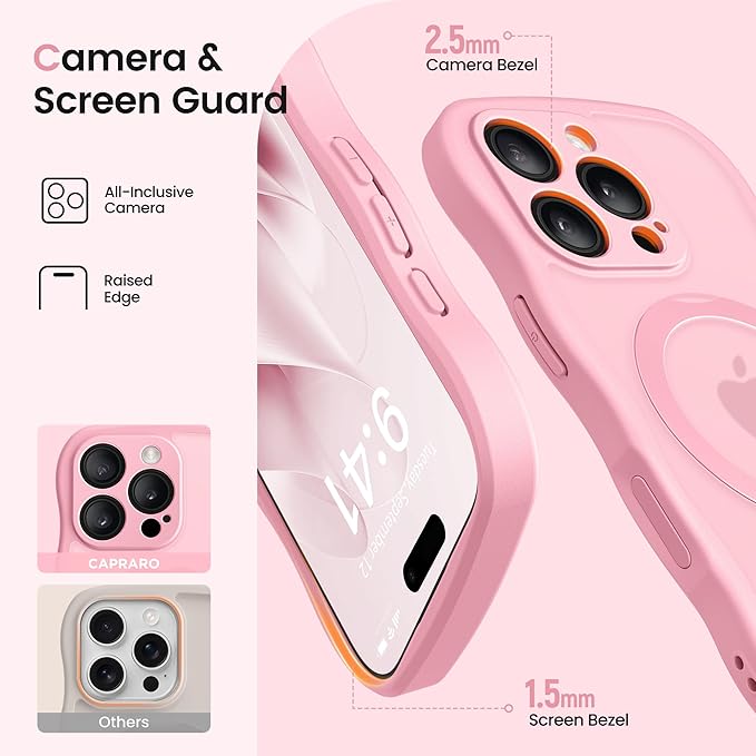 CAPRARO for iPhone 16 Pro Max Case with 360° Spin Magnetic Stand for Women, [Compatible with MagSafe] [Full Camera Protection] Cute Wave Translucent Matte Case for iPhone 16 Pro Max, Peach Pink