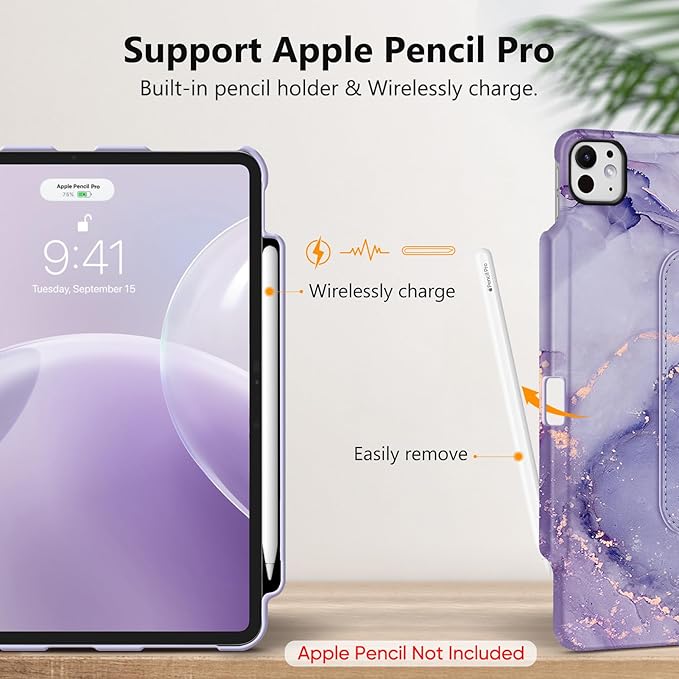 Fintie Rotating Case for iPad Pro 13-inch (M5) 2025 / (M4) 2024 with Pencil Holder - 360 Degree Swiveling Protective Stand Cover with Auto Wake/Sleep, Lilac Marble