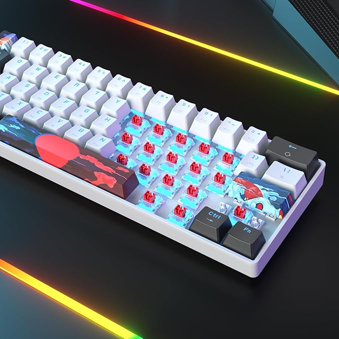 Protable 60% Percent Gaming Keyboard Mechanical, Mini Compact Ice-Blue LED Backlit 61 Keys Wired Office Keyboard with red Switch for Mac/Win/PS4/PS5（61White/red Switch）
