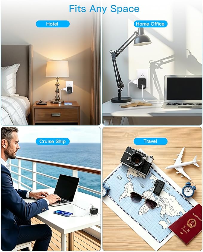 Travel Cruise Ship Essentials, Multi Plug Wall Outlet Extender with 4 Outlets 4 USB (2 USB-C), Cruise Approved Power Strip Non Surge Protector, USB Wall Charger, Small USB Outlet Plug Adapter, Black