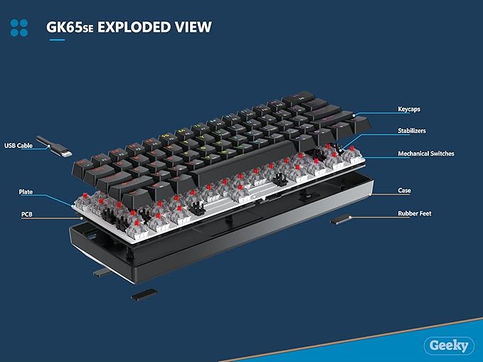 Geeky GK65 SE 65% | Mechanical Gaming Keyboard | 68 Keys Multi Color RGB LED Backlit for PC/Mac Gamer | ANSI US American Layout (Black, Mechanical Speed Silver)