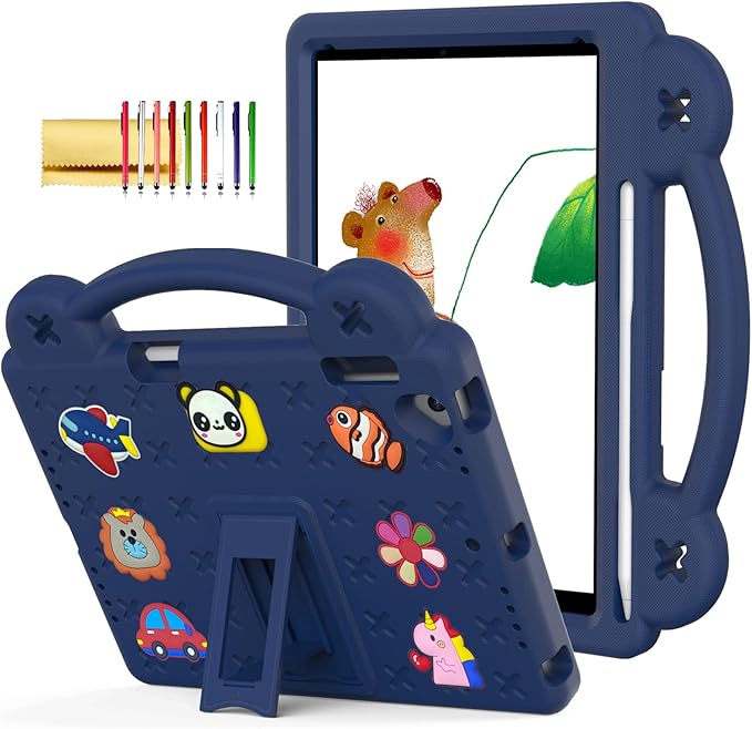 Dteck Kids Case for iPad 9.7 Inch 6th/5th Gen 2018/2017 & iPad Air 2/1 & iPad Pro 9.7,Cartoon Panda Shockproof Rugged Lightweight Pencil Holder Convertible Handles Stand Kids Friendly Case,Navy Blue