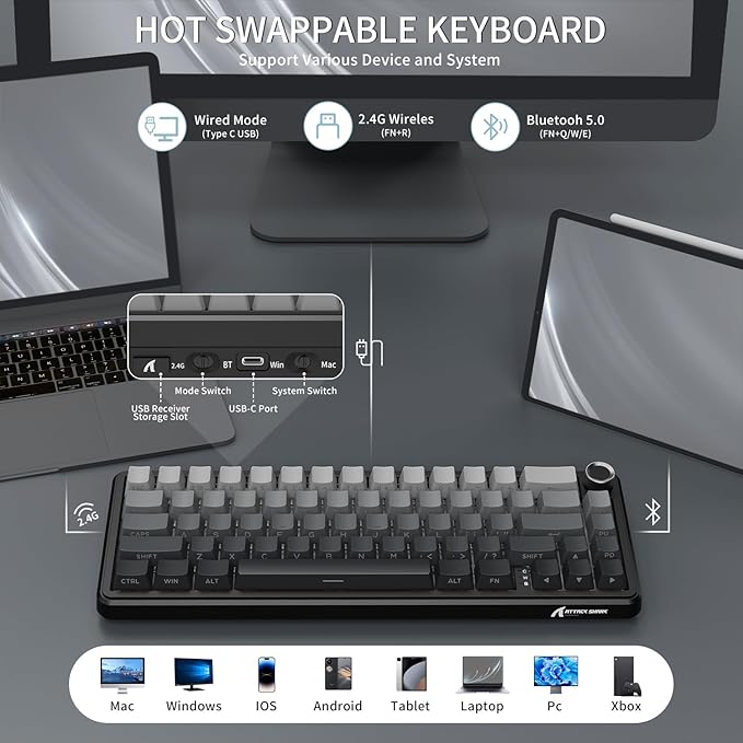 ATTACK SHARK X66 Wireless Mechanical Gaming Keyboard with Knob,Tri Mode USB-C/BT5.0/2.4G Gasket Mounted 60% RGB Gaming Keyboard, Side Printed PBT Keycap,Hot Swappable Strawberry Switch(Moonlight)