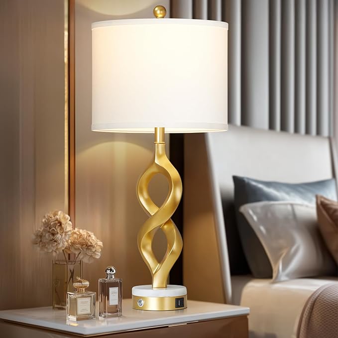 Cinyirong 30" White and Gold Table Lamps Set of 2 for Living Room, Modern Touch Control Bedside Lamps for Bedroom, 3-Way Dimmable Sculptural Resin Nightstand Lamps with USB A+C Ports and 2 LED Bulbs