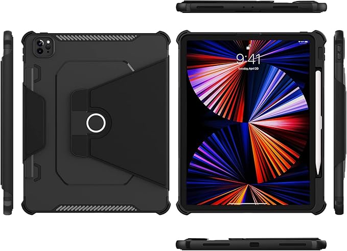 Rotating Case for iPad Pro 12.9" 6th/5th/4th Gen 2022/2021/2020 Smart Cover with Pencil Holder, Techcircle Hybrid TPU+PC Magnetic Cover Soft Bumper Slim Folio Shockproof Protective Case-Black