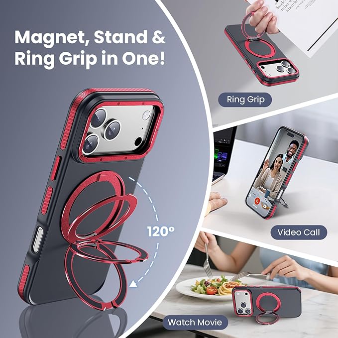 Strong Magnetic Case for iPhone 17 Pro(6.3", 2025) with Stand, Drop-Proof Bumper Cover with Contrast Color Border, Military-Grade Drop Protection, Shockproof Slim Thin Cover,Red