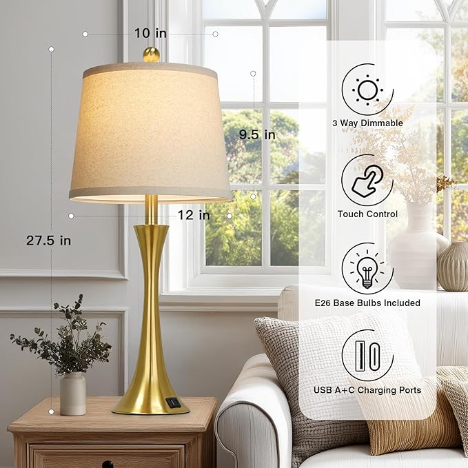 Rinweey 27.5" Gold Lamps Set of 2, Touch Control 3-Way Dimmable Bedside Nightstand Lamps Bedroom Lamp,Modern Gold Table Lamp with USB A+C Ports,Tall Lamps for Living Room End Table Home Office