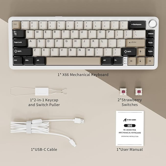ATTACK SHARK X66 Wireless Mechanical Gaming Keyboard with Knob,Tri Mode USB-C/BT5.0/2.4G Gasket Mounted 60% RGB Gaming Keyboard 66Keys,PBT Keycap, Hot Swappable Custom Strawberry Switch(Cheese White)