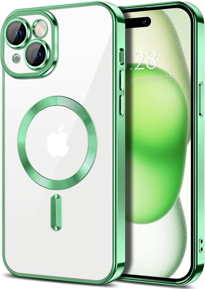 Hython Magnetic Clear for iPhone 15 Case with Camera Lens Protector [Compatible with MagSafe] Luxury Plating Edge Slim Soft TPU Cover Protective Phone Case for iPhone 15 6.1", Light Green