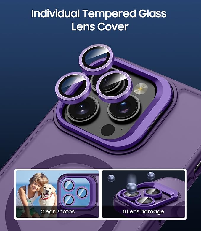 TOBOVON for iPhone 14 Pro Case, Compatible with MagSafe, Built-in Camera Ring Stand, with Individual Camera Cover, Translucent Matte Military-Grade Drop Protection Magnetic Case, Purple