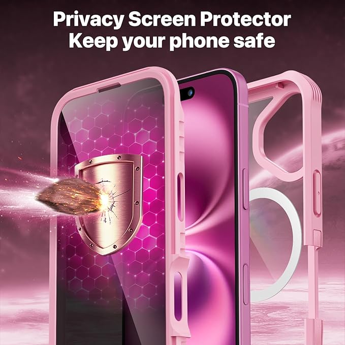 CENHUFO Magnetic Privacy for iPhone 16 Case [Compatible with Magsafe] Full Body Phone Case Built-in 9H Tempered Glass Privacy Screen Protector and Camera Lens Cover, Shockproof Bumper Clear - Pink