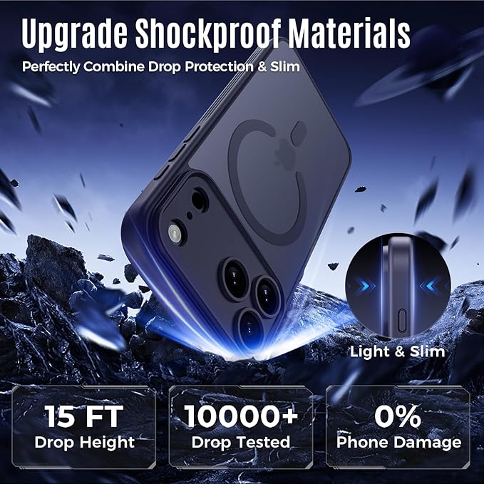 Symcele Designed for iPhone 17 Pro Max Case, Compatible with MagSafe, [Camera Protection] [15FT Military Drop Protection] Shockproof Translucent Matte Anti-Slip Phone Case, 6.9", Deep Blue